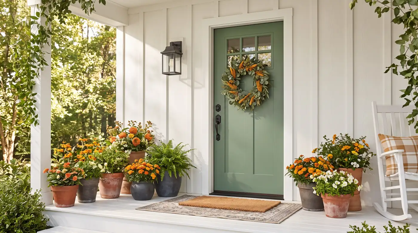 A cheerful farmhouse front door painted a bold sage green with a smooth fiberglass surface and glass lite, white porch and potted flowers