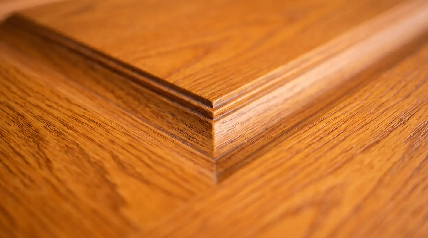 A macro close-up of a fiberglass entry door with a realistic stained oak grain finish and a crisp panel edge, soft light, shallow depth of field