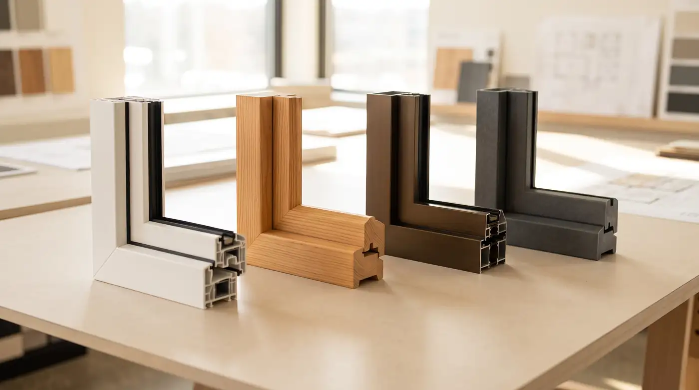 A neat arrangement of four window frame corner samples in white vinyl, natural wood, bronze aluminum and gray fiberglass on a light table, soft window light, shallow depth of field