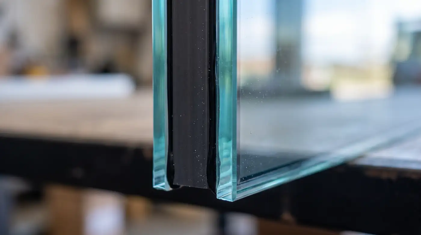 A macro close-up of the edge of a double-pane insulated glass unit showing two panes, a dark spacer and a clean seal, with soft reflections of sky, shallow depth of field
