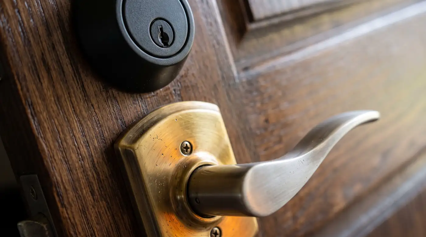 A macro close-up of a brushed brass door handle set, a matte black deadbolt and a satin nickel lever against a stained wood door, shallow depth of field