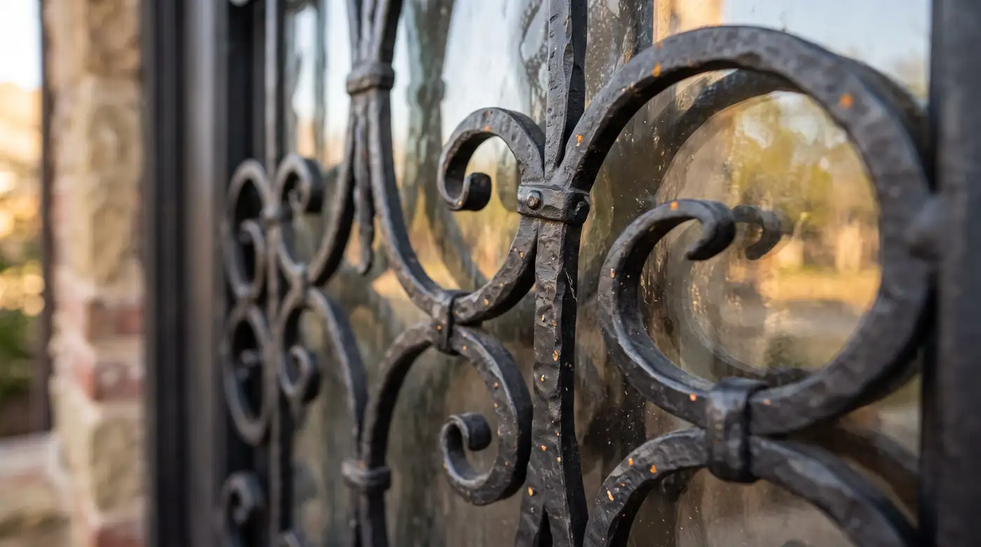 A macro close-up of black wrought iron door scrollwork over clear glass with fine hand-forged detail, soft side light, shallow depth of field