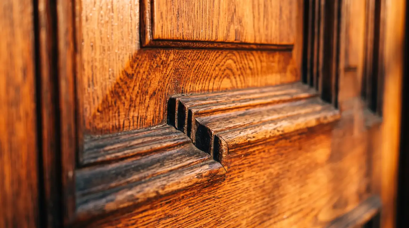 A macro close-up of a rich stained mahogany wood front door with raised panels and beautiful grain, raking afternoon light, shallow depth of field