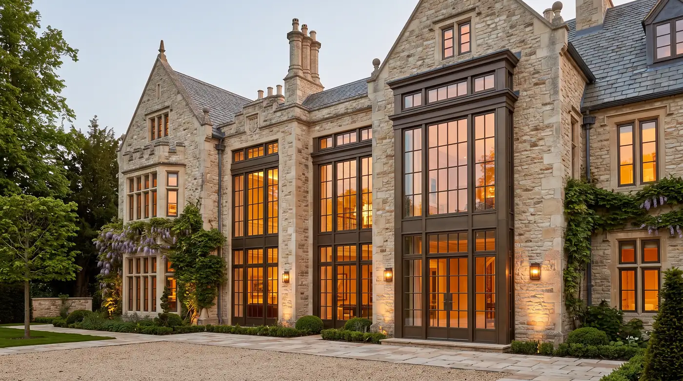 Aluminum-Clad Windows in a Bronze Finish | Music City Door & Window Services A stately home with tall aluminum-clad windows in a deep bronze finish and transoms, stone walls and warm light, no people