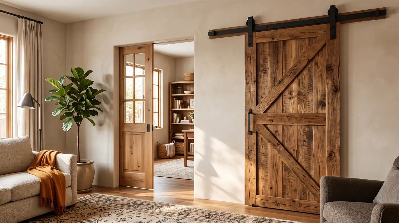 A stylish room with a rustic wood sliding barn door on black hardware and, in the next room, a pocket door half open, warm natural light