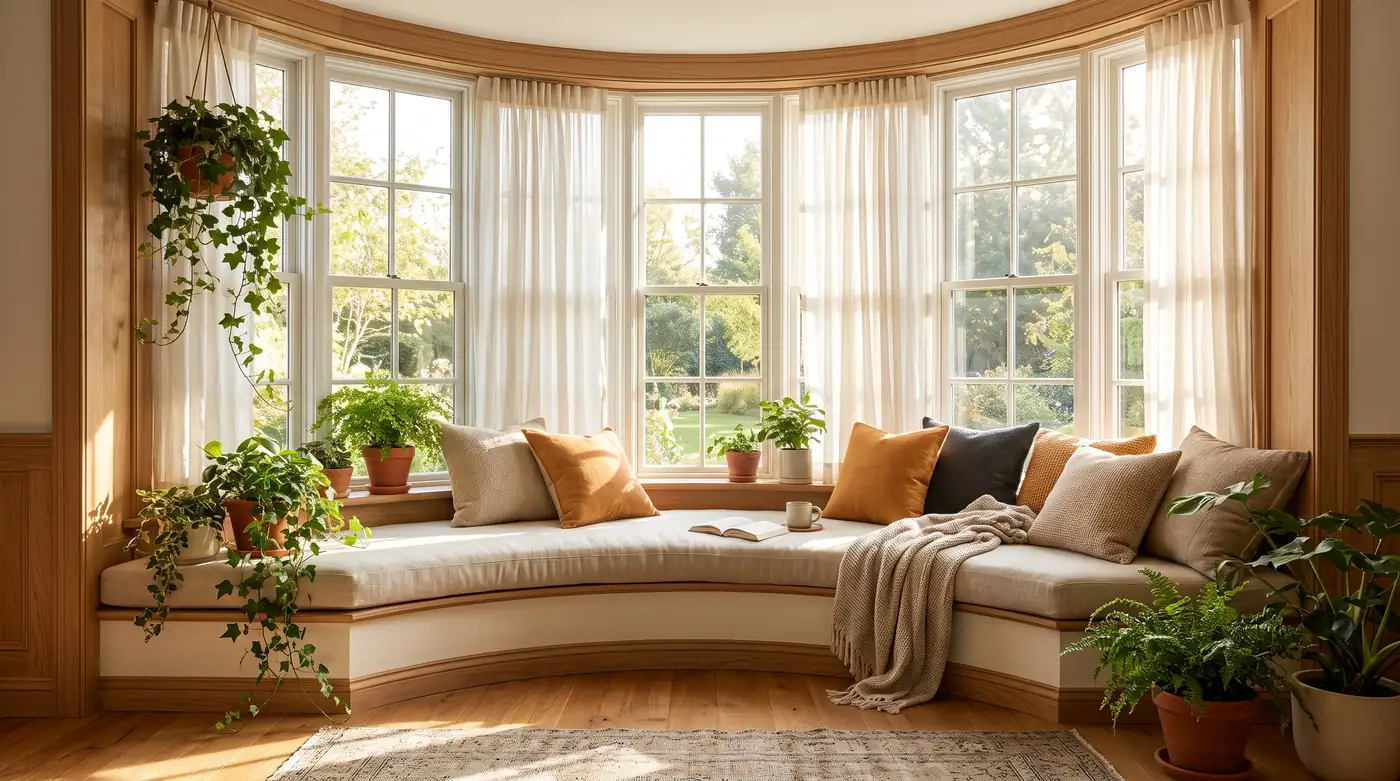 A sunny interior with a large bow window with a cushioned window seat, sheer curtains and potted plants, bright warm daylight