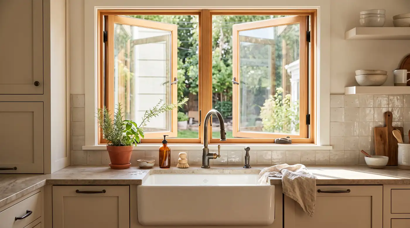 A kitchen with a pair of casement windows cranked open above the sink with crisp daylight and a light breeze moving a sprig of herbs, bright and clean