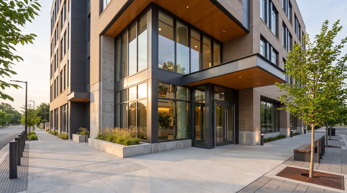 A modern Nashville office building entrance with tall aluminum-framed windows, glass double doors and a clean sidewalk, soft morning light, no people