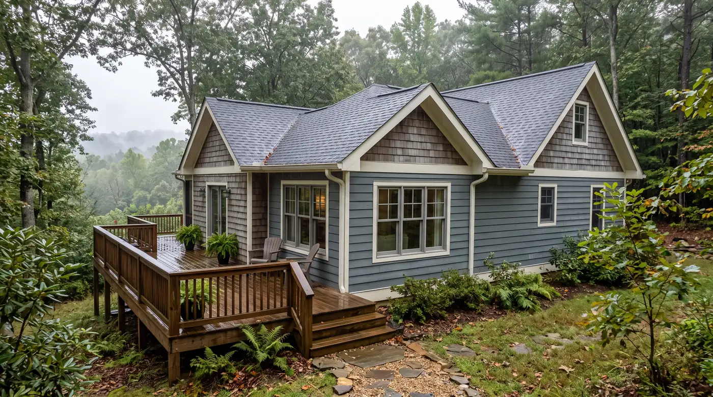 A coastal-style cottage-like home in Tennessee with durable composite windows in a soft gray, rain-damp wood deck and fresh trim, overcast soft light