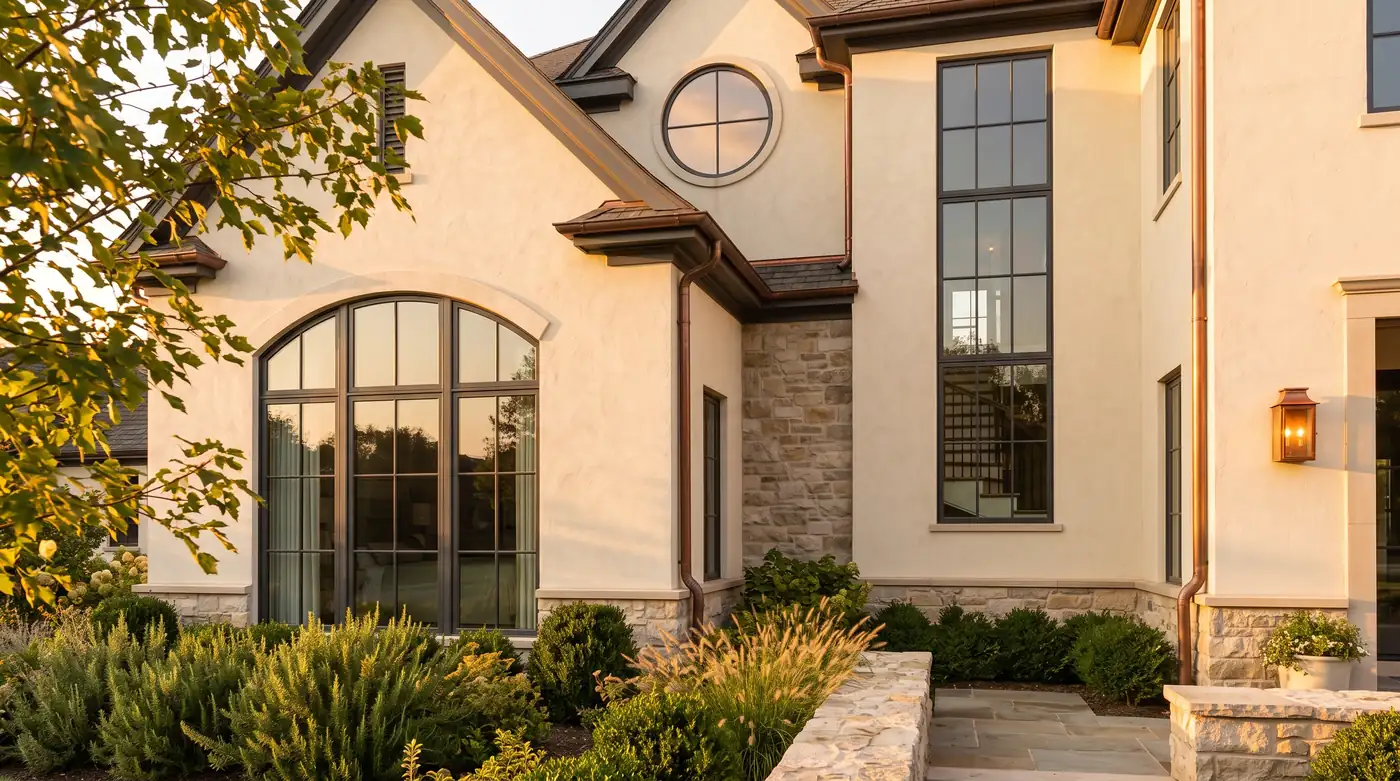 Custom Order Window Shapes | Music City Door & Window Services An elegant home front with custom-order windows including an arched top window, a round window and a tall narrow window in a warm cream wall, golden light