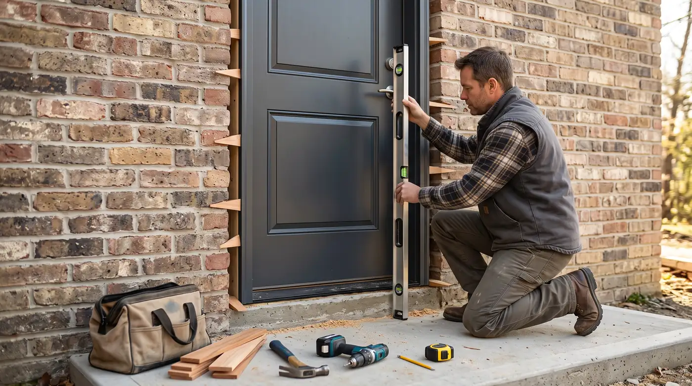 Front Door Installation | Music City Door & Window Services An installer checking a new front door for plumb with a level in a brick home entry, shims and tools neatly arranged, bright natural light
