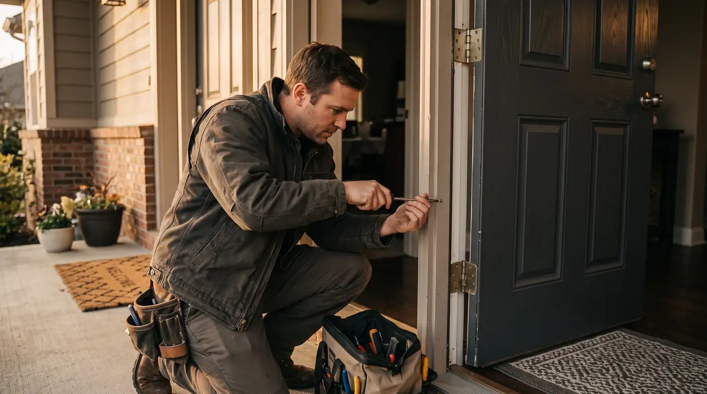A technician adjusting the hinges of a front door with a screwdriver, door slightly open, warm light on the porch