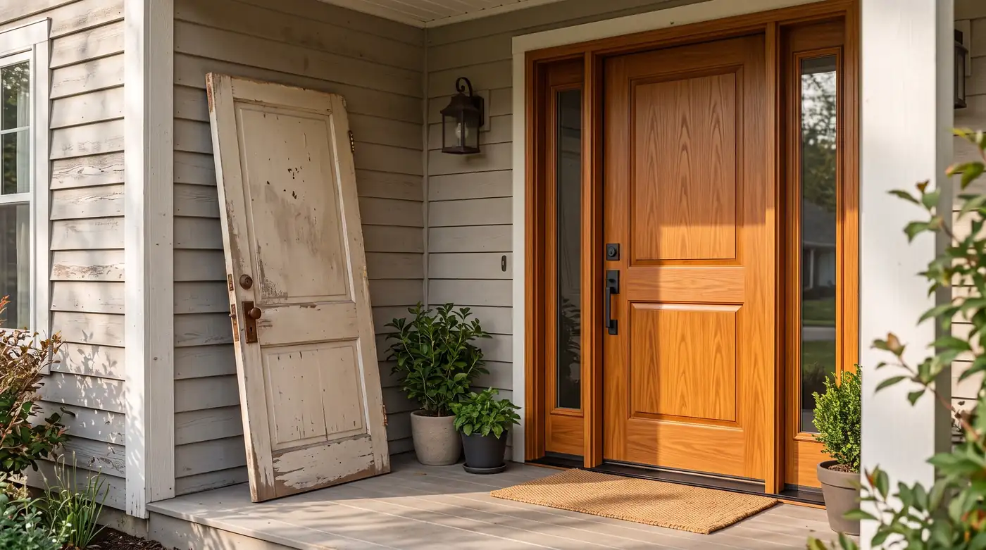 Door Replacement: Old Door Removed, New Door Hung | Music City Door & Window Services A tidy front porch where a brand new stained wood-look front door stands freshly hung beside the old weathered door leaning against the wall, soft morning light