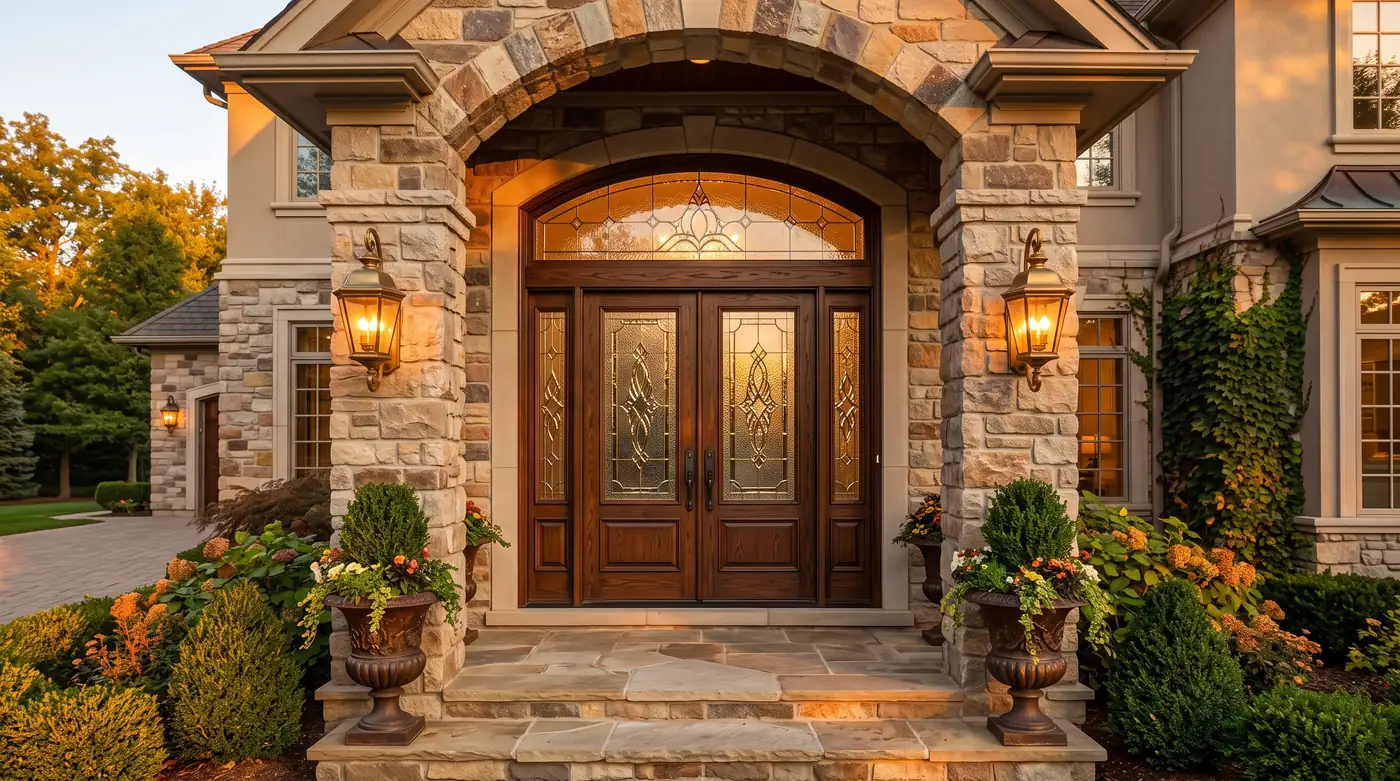 Grand double front entry doors with decorative glass, an arched transom, stone columns and brass lanterns on a luxury home at golden hour