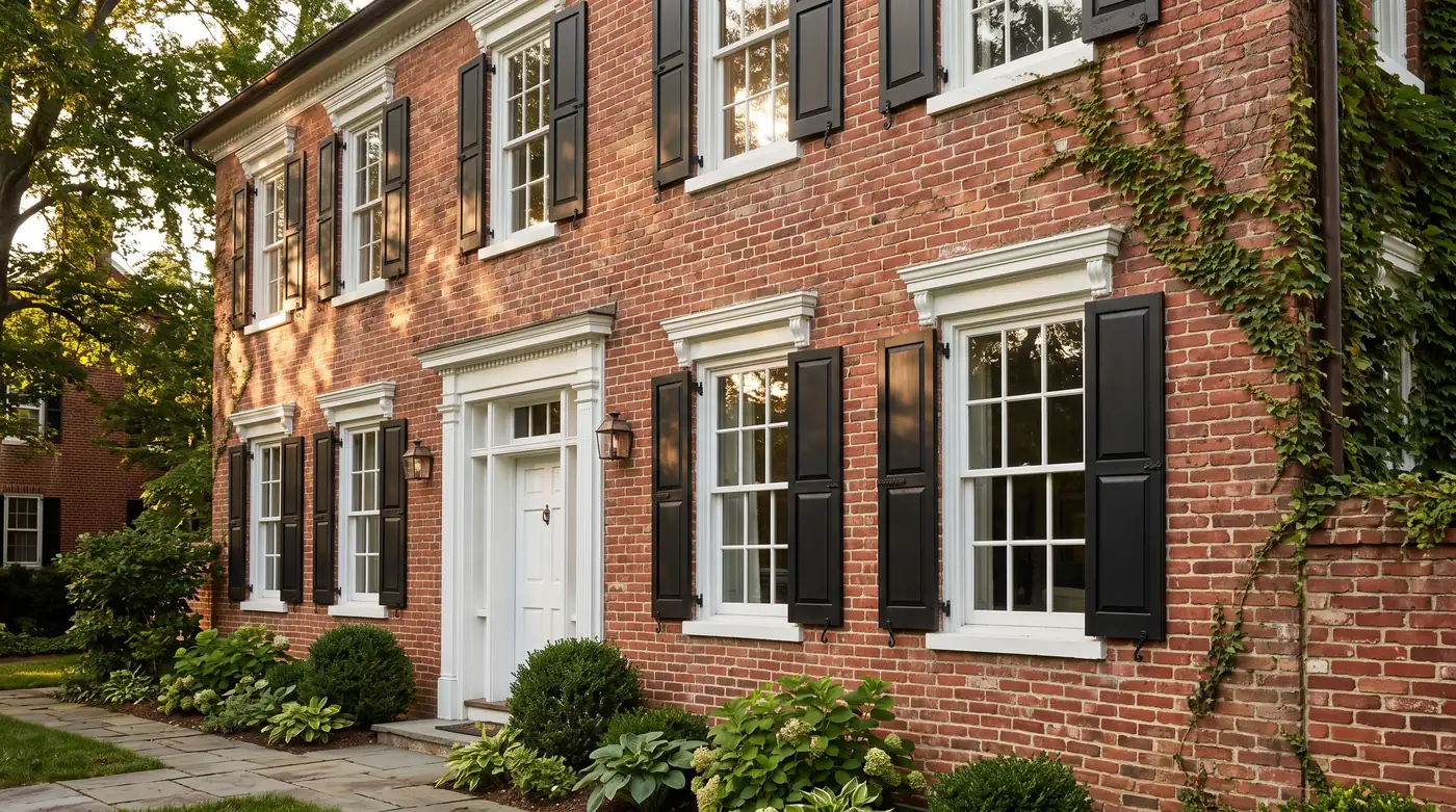 Classic Double-Hung Windows | Music City Door & Window Services A classic home facade with tall white double-hung windows with six-over-six grids and black shutters, white trim and a red brick wall, soft afternoon light