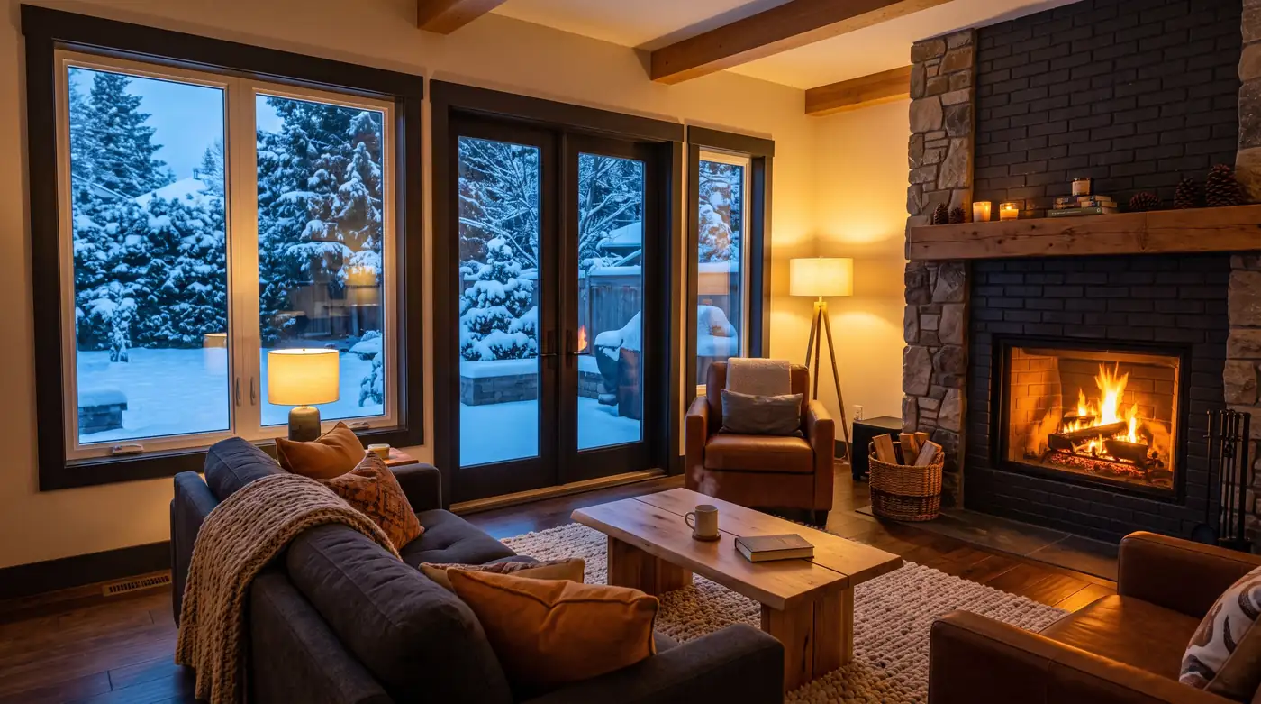 A cozy winter living room with new double-pane windows, a lit fireplace and a snowy yard visible outside, warm amber interior light against cool blue outdoors