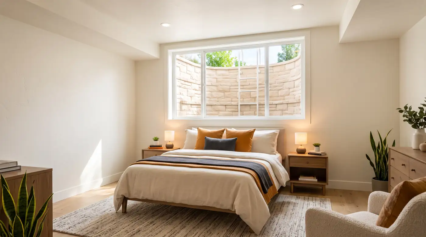 Egress Window in a Finished Basement | Music City Door & Window Services A bright finished basement bedroom with a large egress window above a bed and a clean window well visible outside through the glass, safe and welcoming