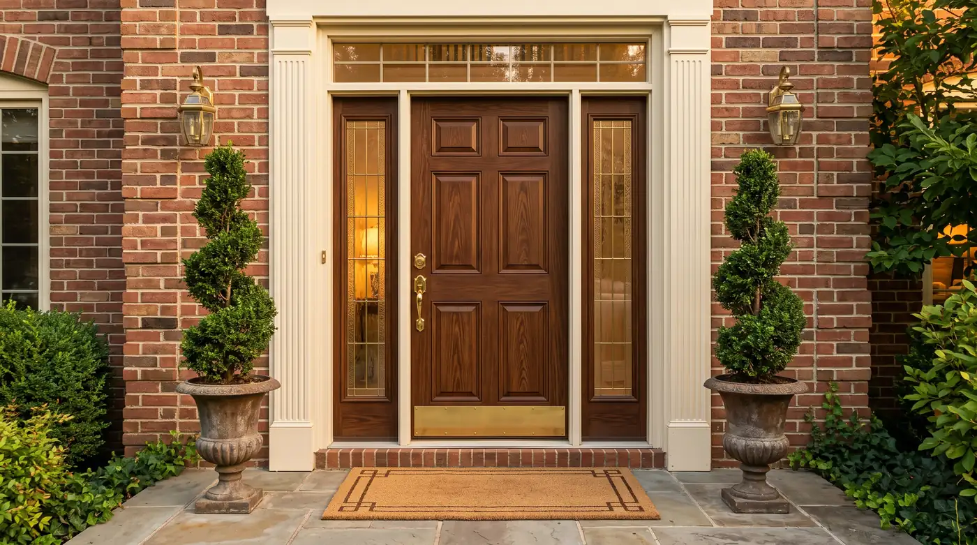 A beautiful front entry with a stained fiberglass door, two glass sidelites and a transom above, brass hardware, potted topiaries and a brick surround, golden light