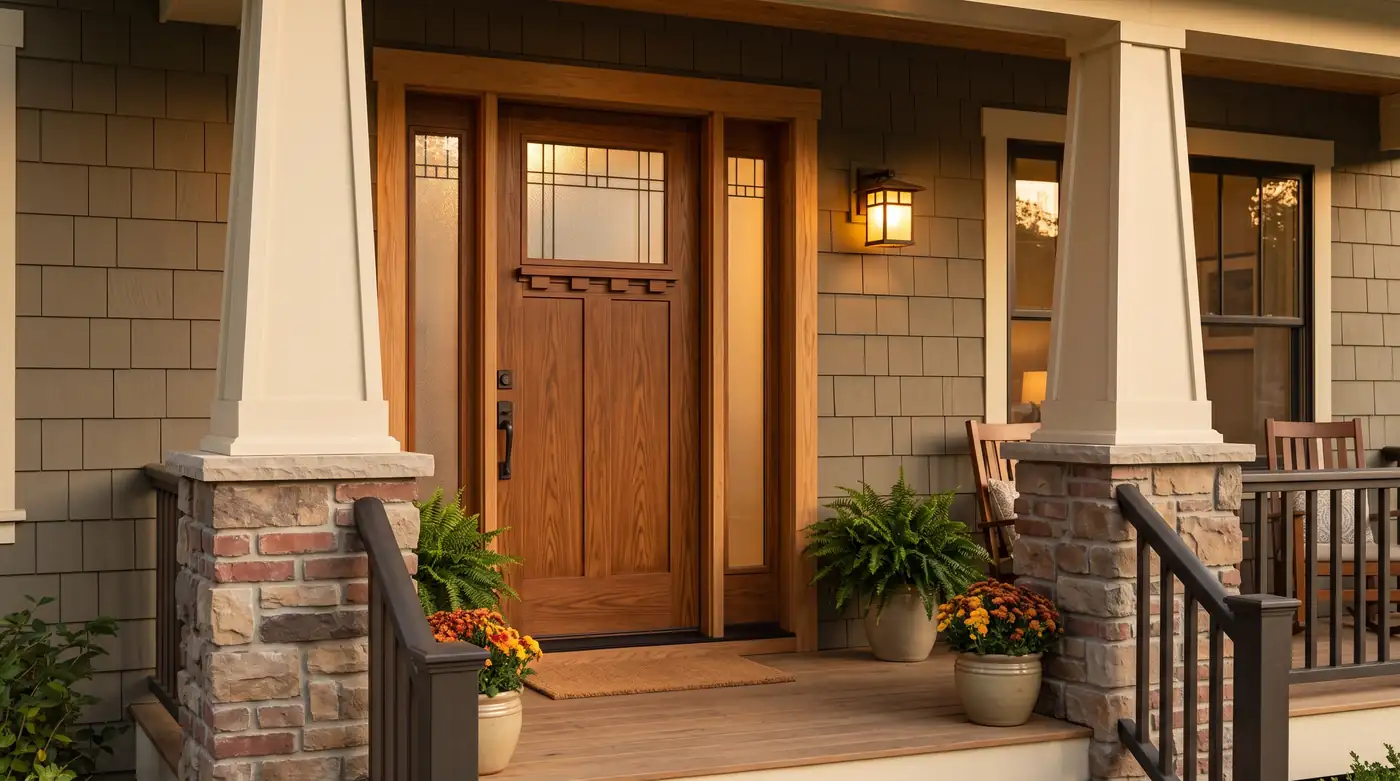 A fiberglass front door with a rich wood-grain stained finish and a frosted glass lite on a craftsman porch with tapered columns, warm light