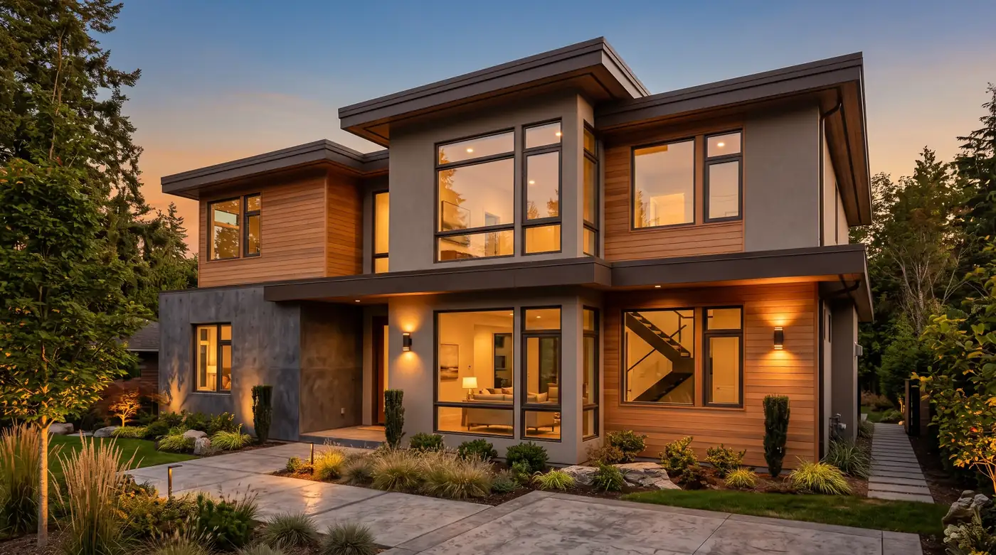 A modern two-story home with slim dark bronze fiberglass casement and picture windows, crisp lines and warm evening light, no people