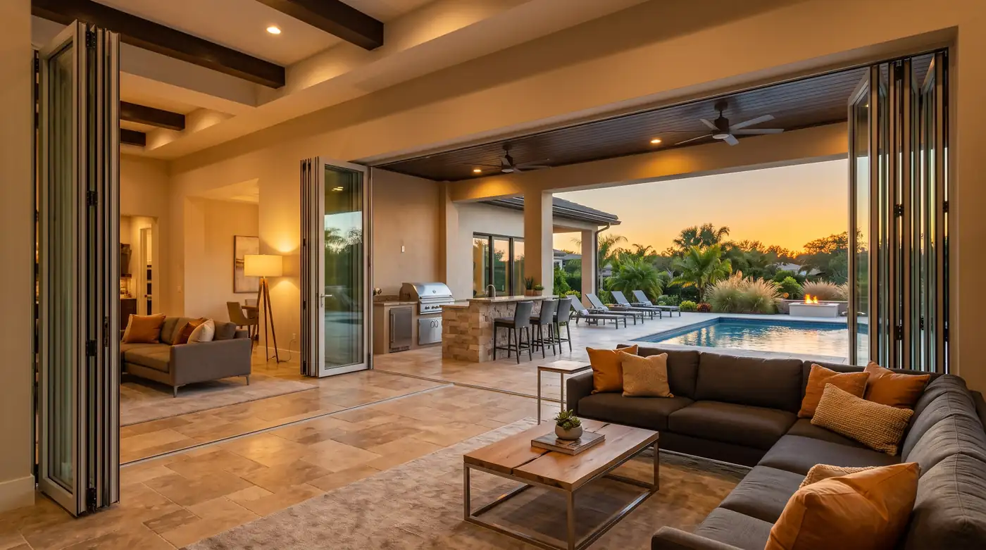A folding multi-panel glass door wall fully open, joining a luxury living room to a covered outdoor kitchen and pool patio, golden evening light