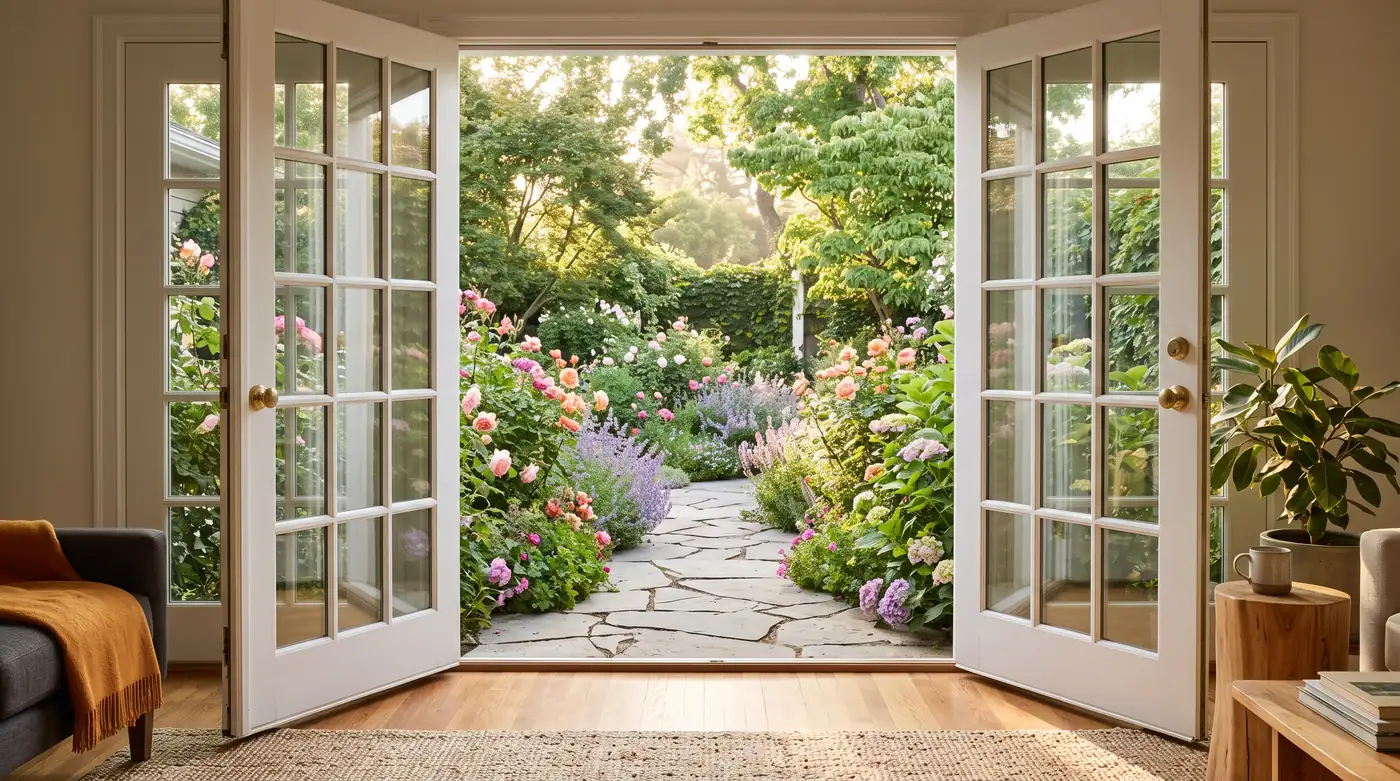 A pair of white French doors with divided lites opening from a sunny sitting room to a flower garden with a stone path, soft morning light