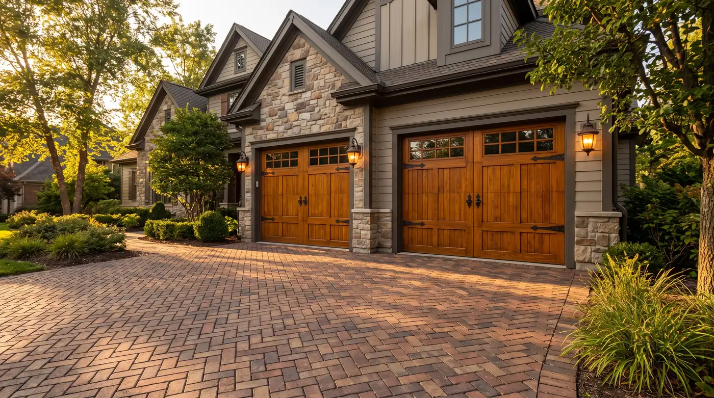 A beautiful home with two carriage-house style garage doors in a stained wood look with decorative hardware and small windows, brick driveway, golden hour