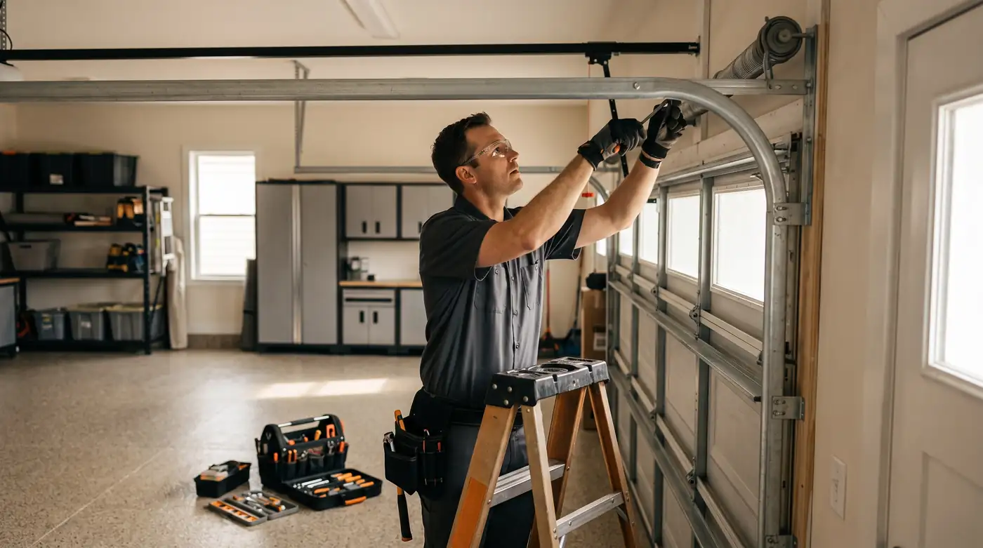 A technician in a charcoal work shirt adjusting the track and torsion spring of a garage door inside a clean garage, tools neatly arranged