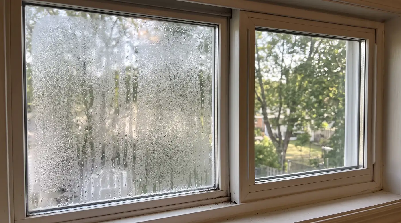 A side-by-side look of two window panes: one fogged with moisture trapped between the panes and one perfectly clear, same window frame, daylight