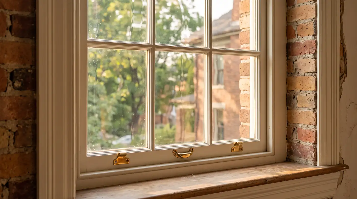 A restored historic wood sash window with wavy old glass, fresh paint and brass sash lifts in a century-old brick home, warm light