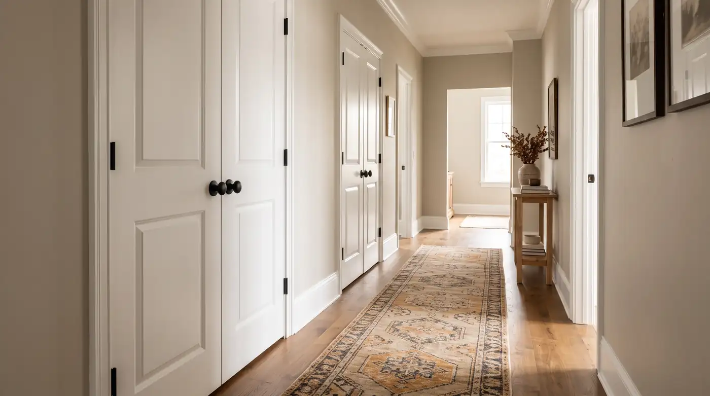 A calm hallway with a row of crisp white paneled interior doors with black hardware, a runner rug and soft natural light