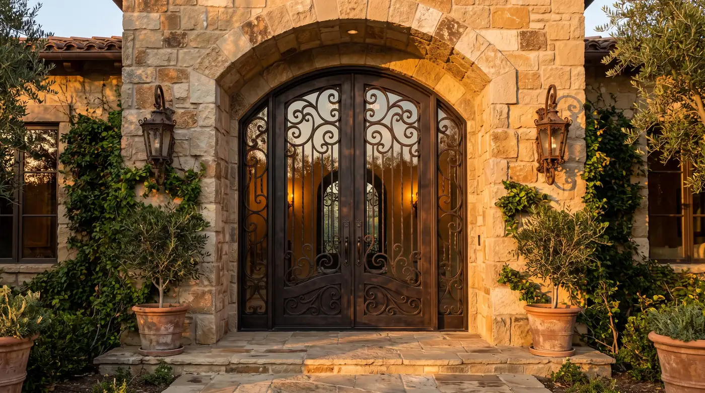 A pair of dramatic wrought iron entry doors with scrollwork over glass at the entrance of a Mediterranean-style stone home, golden light