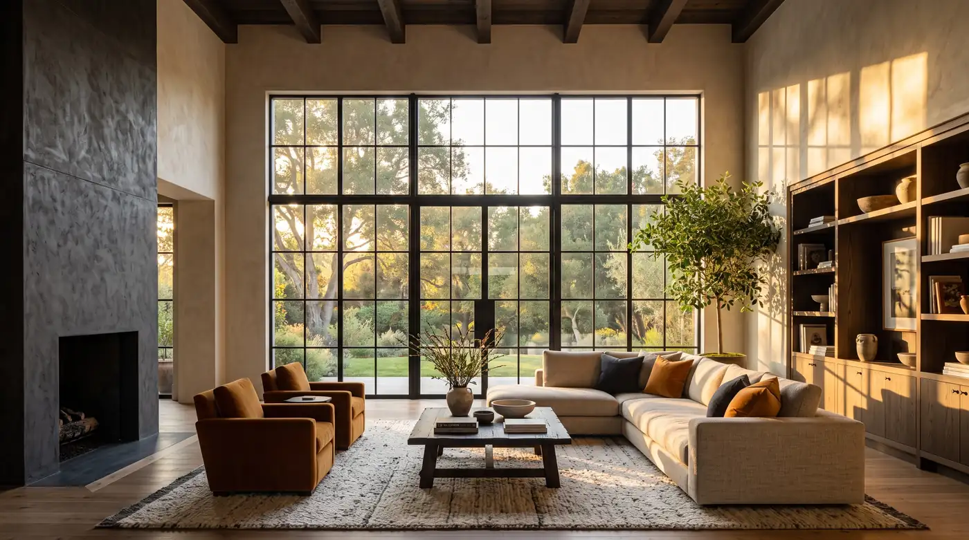 A dramatic wall of black steel-look windows with fine muntins in a luxury living room with a high ceiling and soft golden light