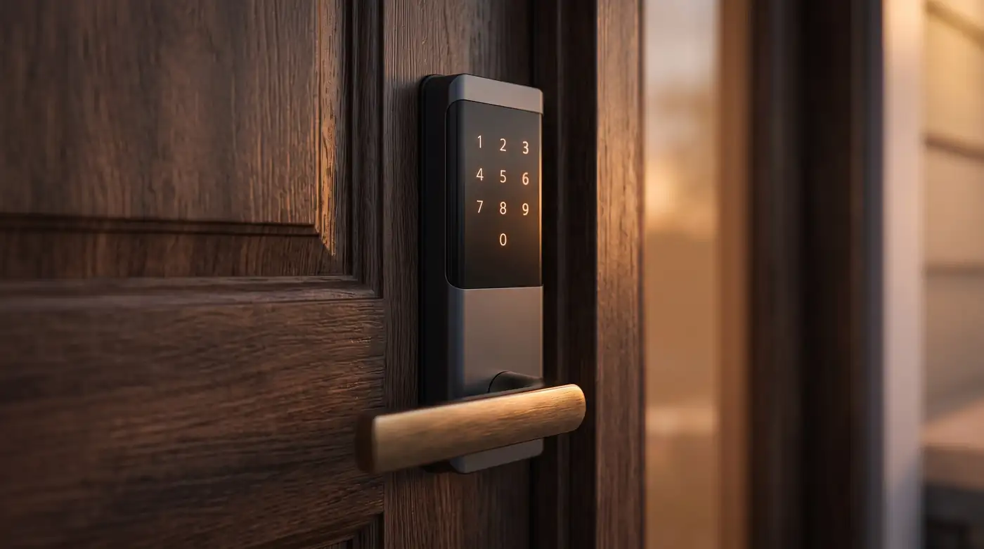 A close view of a sleek keypad smart lock on a dark wood front door beside a brushed brass handle, a soft porch light glowing