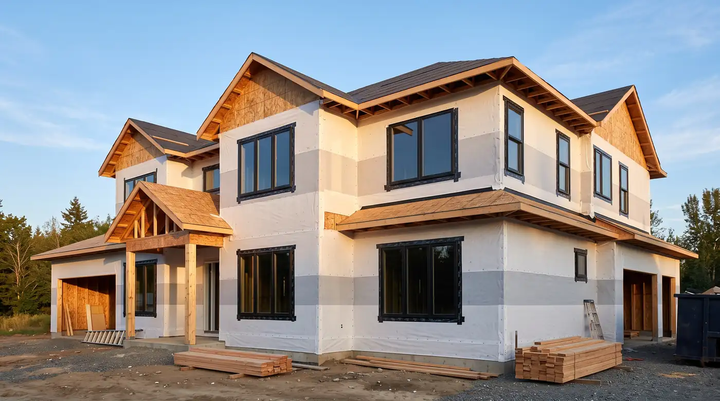 New Construction Windows in a Framed Home | Music City Door & Window Services A new construction home with house wrap and framing and brand new black windows with nailing fins installed in the openings, blue sky, clean site, no people