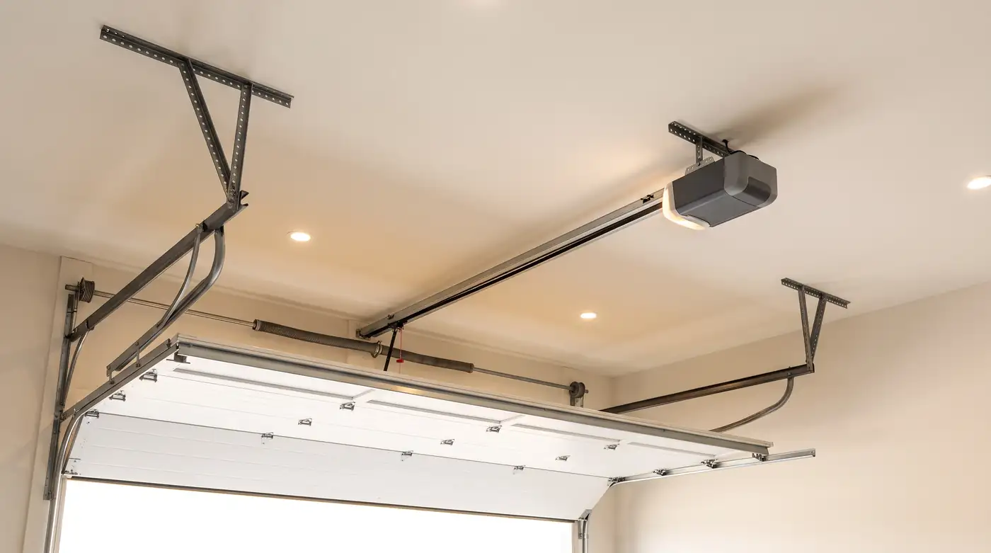 The ceiling of a clean garage with a modern belt-drive garage door opener with a small light on the rail and a white sectional door overhead