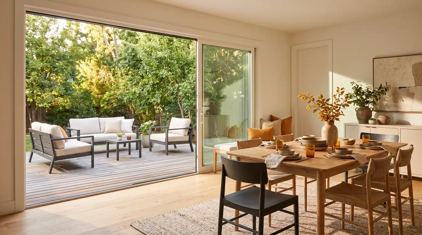 A bright dining room with a large patio door open to a wooden deck with outdoor furniture and green trees beyond, warm daylight