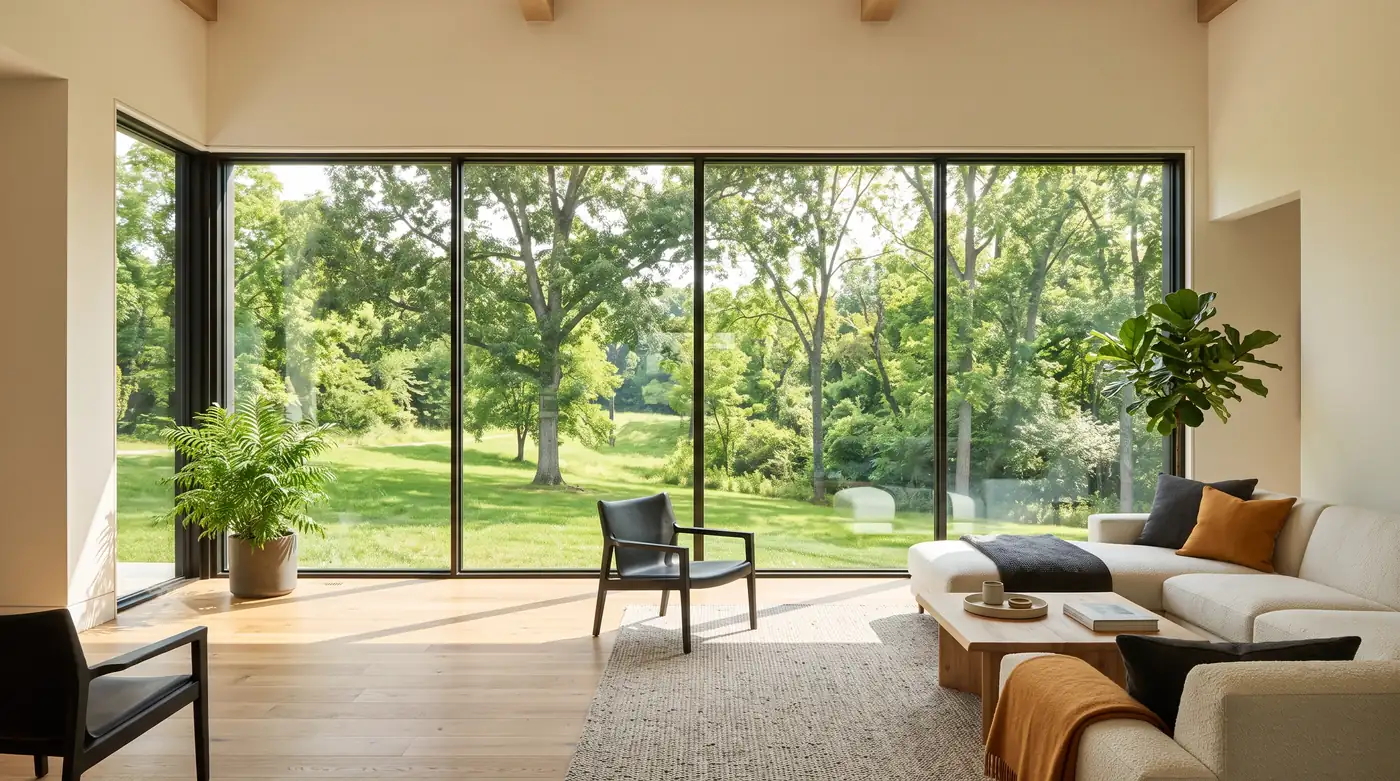 A very large fixed picture window in a modern living room framing a view of a green Tennessee yard and trees, minimalist furniture, bright light