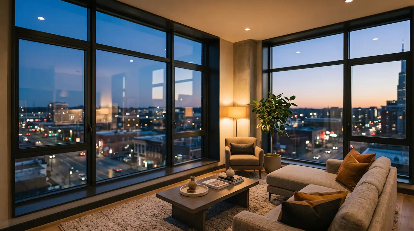 A calm modern apartment-style living room with thick-framed windows and a softly blurred busy Nashville street far below at dusk, serene and quiet mood