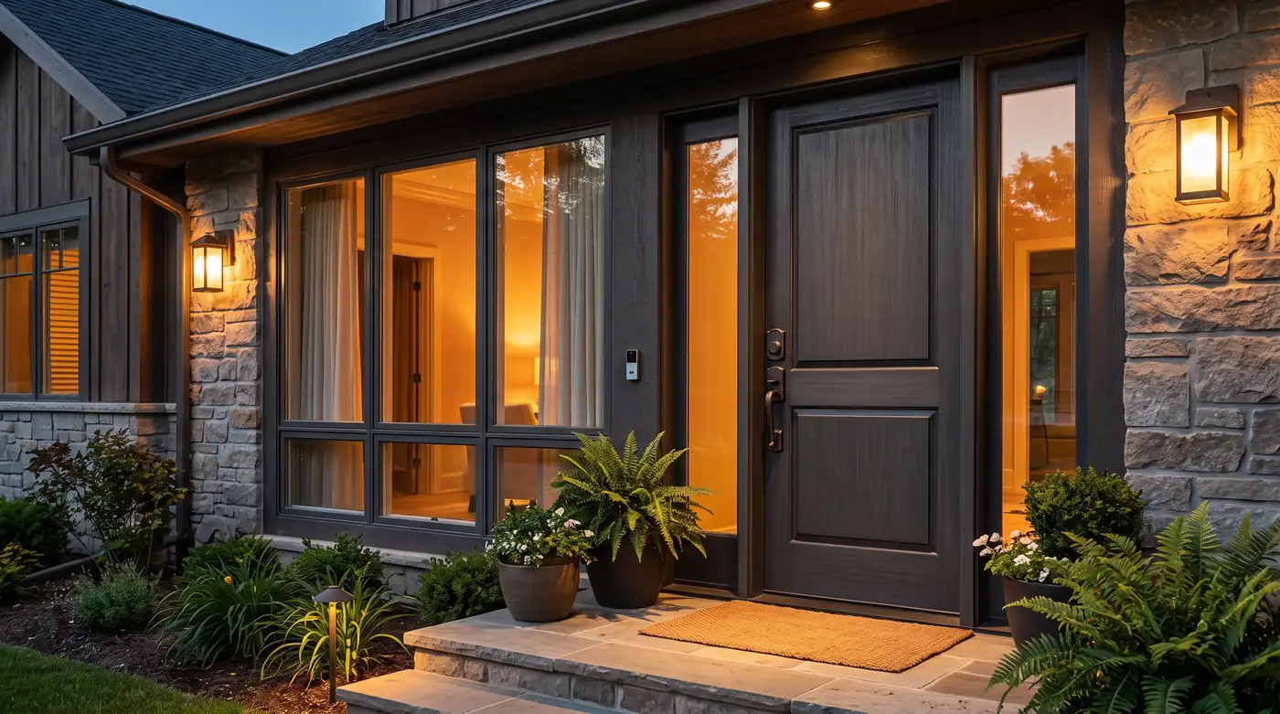 A secure but welcoming home front with a solid entry door, a heavy-duty deadbolt and laminated-glass windows with a subtle shine, evening light, no people