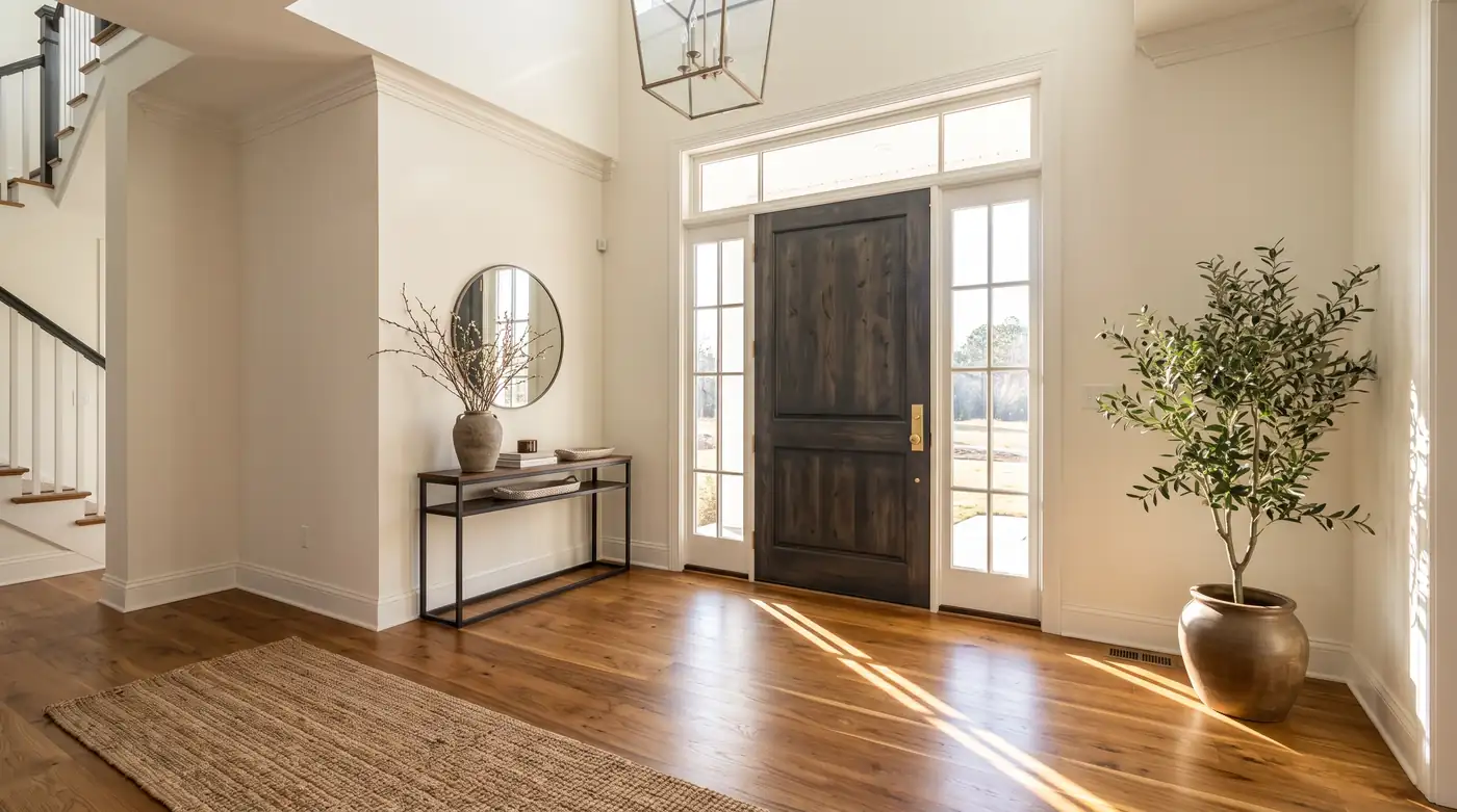 A bright foyer seen from inside with a front door flanked by tall glass sidelites and a transom throwing long beams of daylight across a wood floor