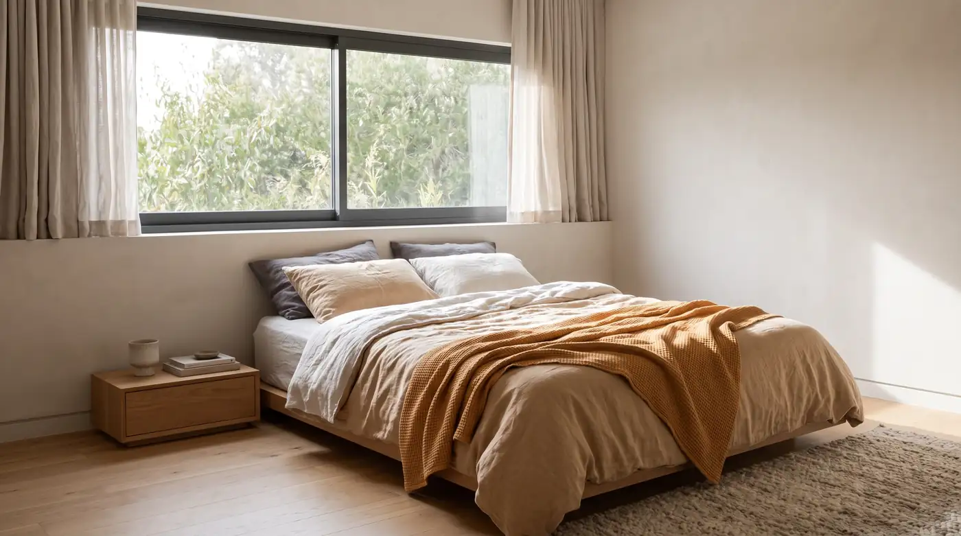 Sliding Windows in a Modern Bedroom | Music City Door & Window Services A calm modern bedroom with a wide horizontal sliding window letting in daylight over a low bed, linen bedding and soft shadows