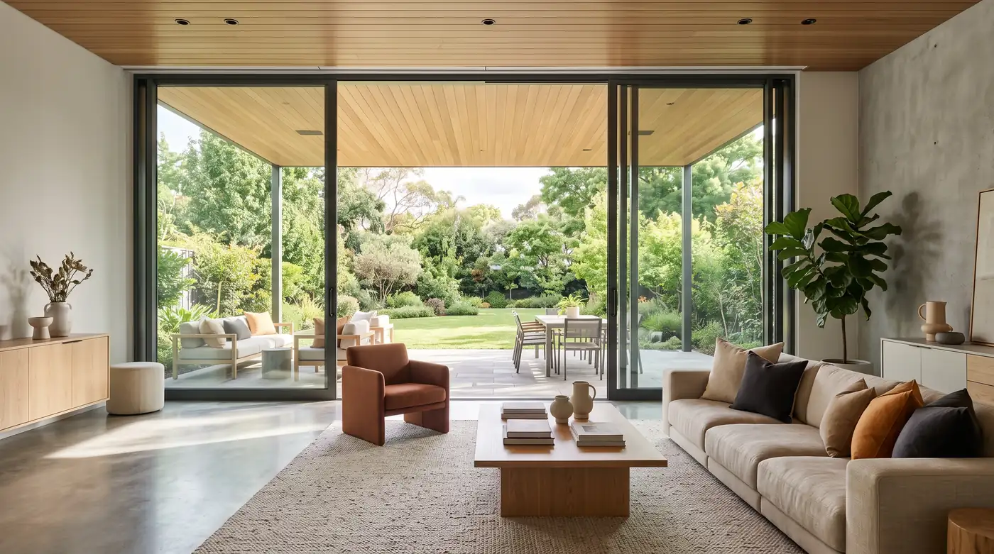A modern living room with wide sliding glass doors with slim frames opening onto a covered patio and a lush backyard, bright light