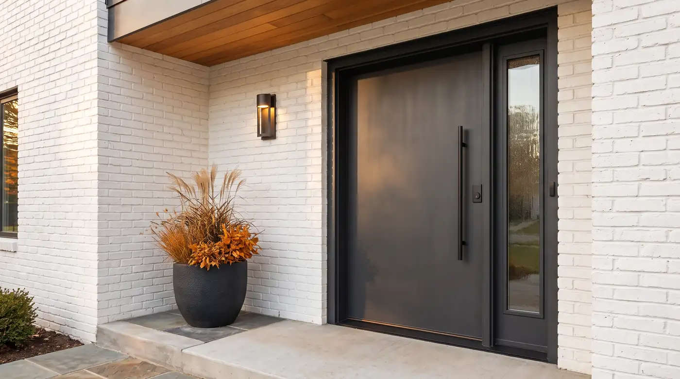 A bold painted charcoal steel entry door with a clean modern look and a slim sidelite on a white brick home, crisp light