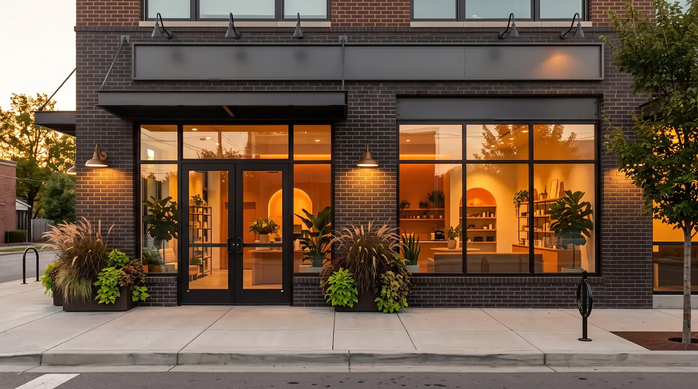 A smart Nashville storefront with clean aluminum-framed glass entry doors and large display windows in warm evening light, tidy sidewalk, no people