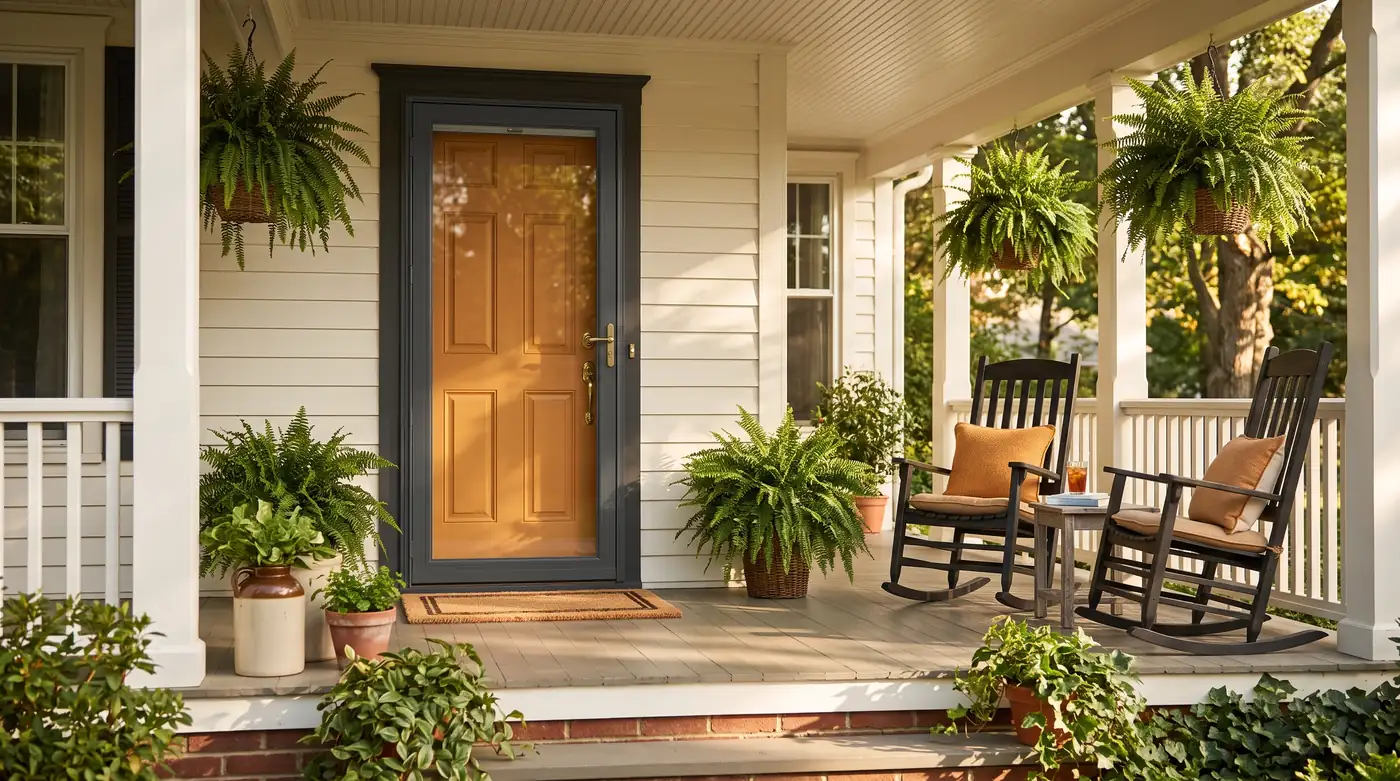 A classic front porch with a full-view storm door with a retractable screen over a painted front door, rocking chairs and ferns, soft afternoon light