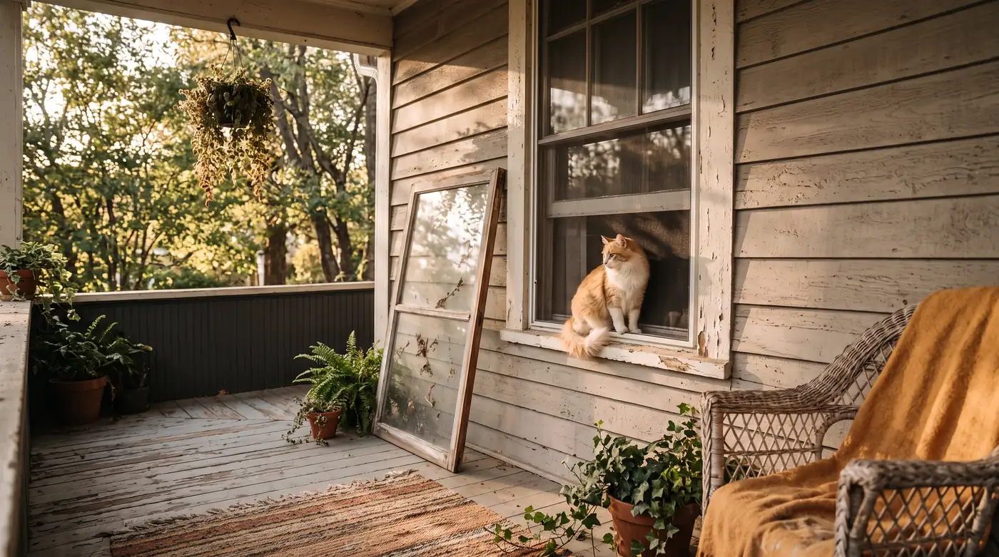 A cozy porch with a screened window and a clear storm window panel leaning beside it, a cat on the sill, soft afternoon light