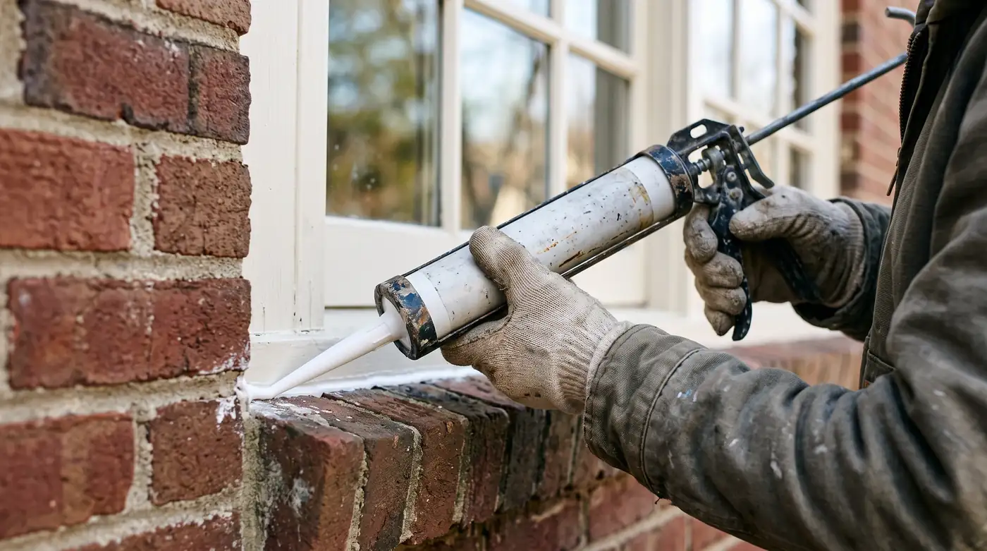 A painter applying a smooth bead of white caulk around the exterior trim of a window on a brick home, crisp light, close-up
