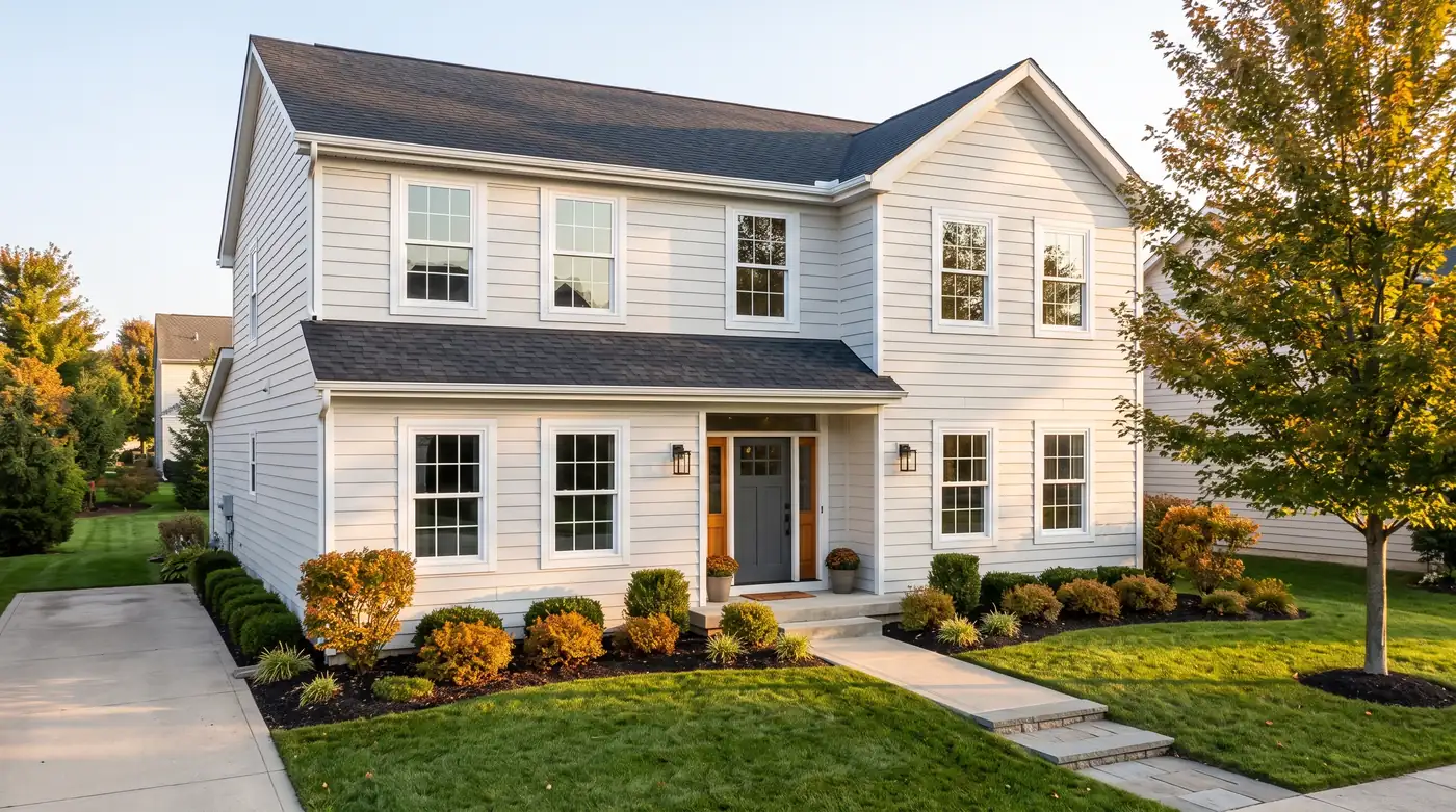 A bright suburban home with clean white vinyl double-hung windows with colonial grids, neat siding and a tidy yard, soft morning light