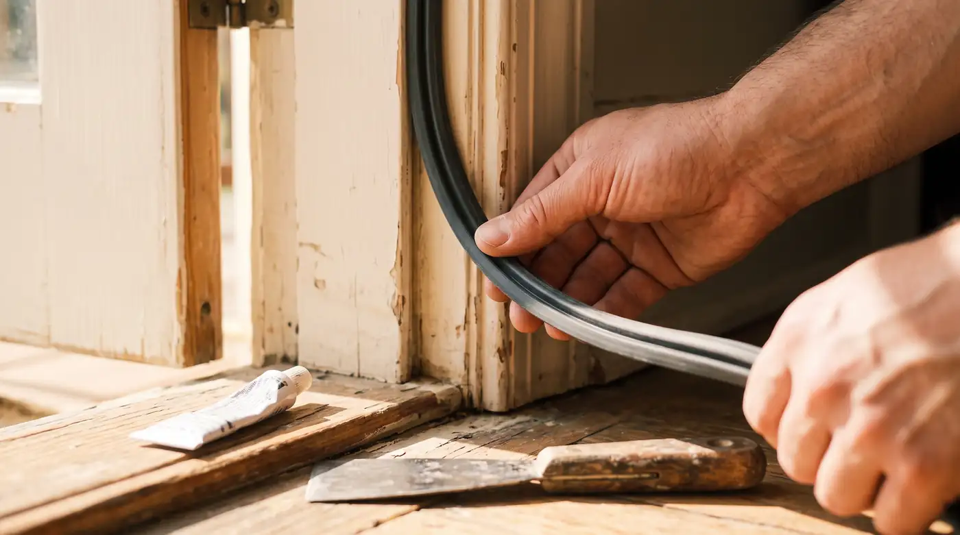 A hand pressing fresh weatherstripping into the edge of a door frame with a small tube of sealant and a putty knife nearby, bright close-up